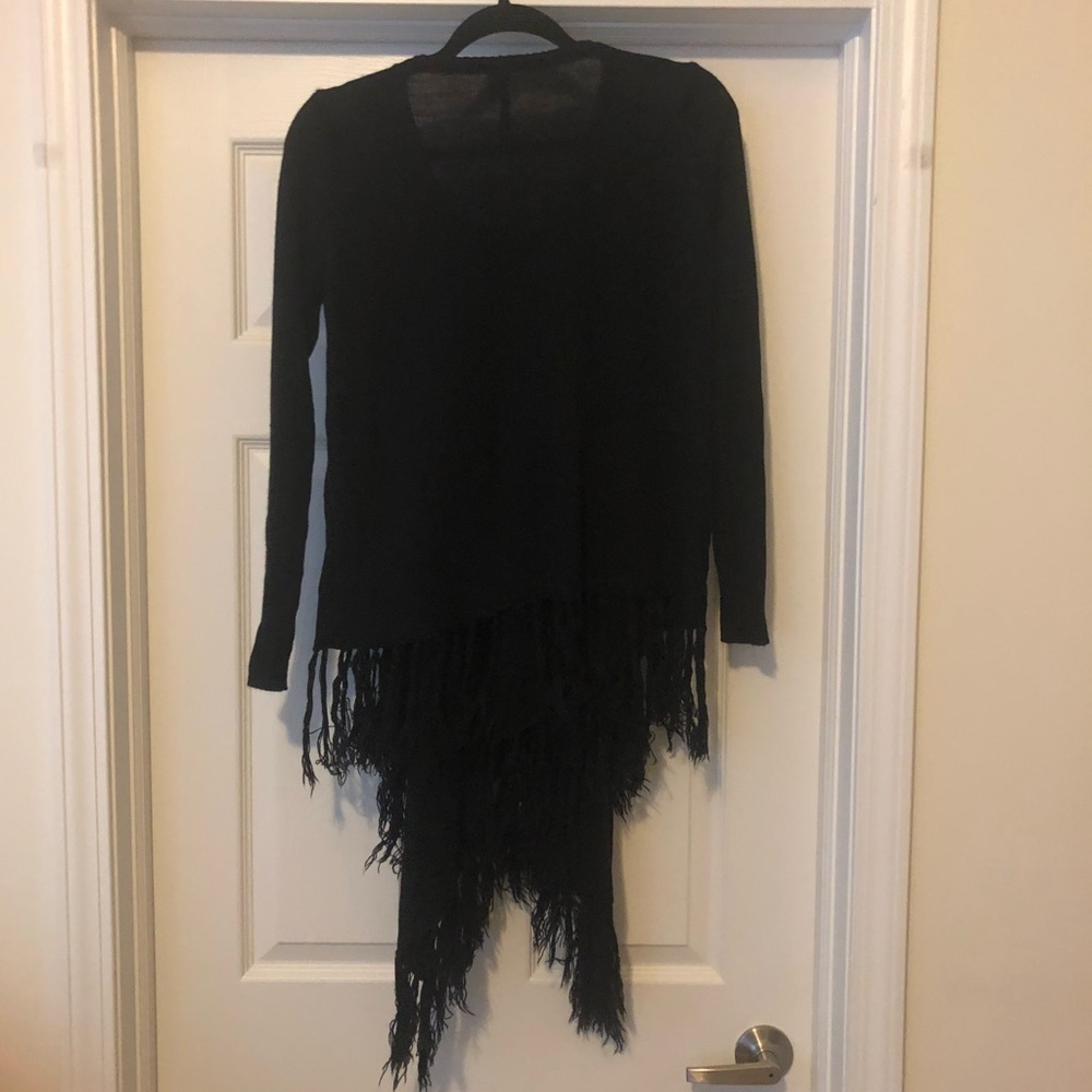 Asymmetrical Cozy Black Fringe Cape Sweater